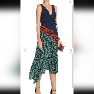 Saloni Sleeveless V-neck Midi Length Floral Silk Dress Ruffle Assymetrical Hem 6